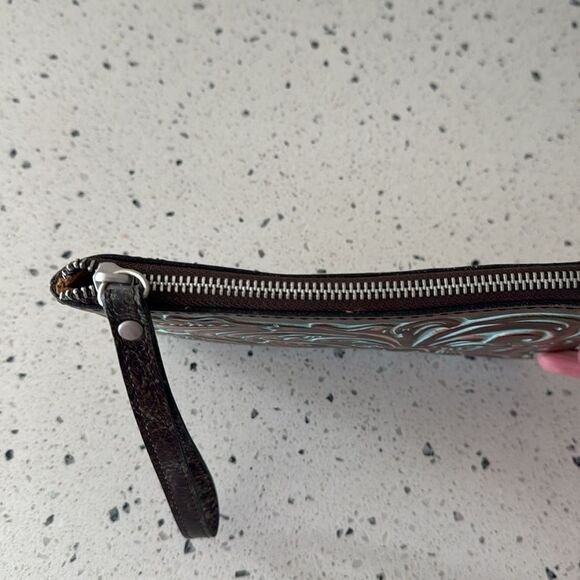 Patricia Nash Cassini Wristlet Leather Brown Turquoise Tooled Floral Zip Closure - Picture 10 of 12